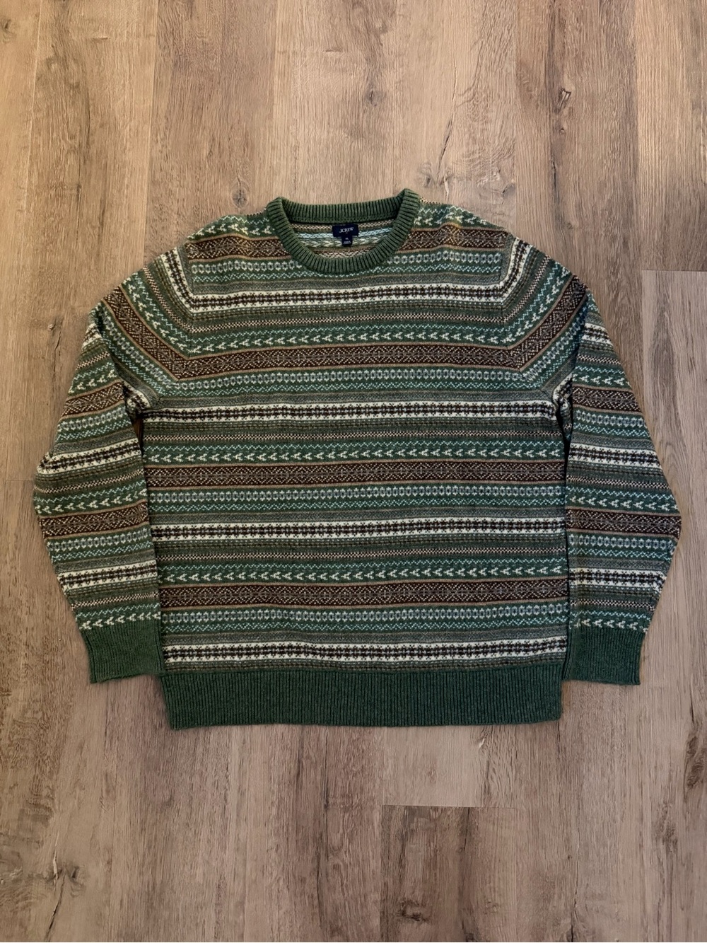 J. Crew Green, Brown & Cream Fair Isle Crewneck Sweater